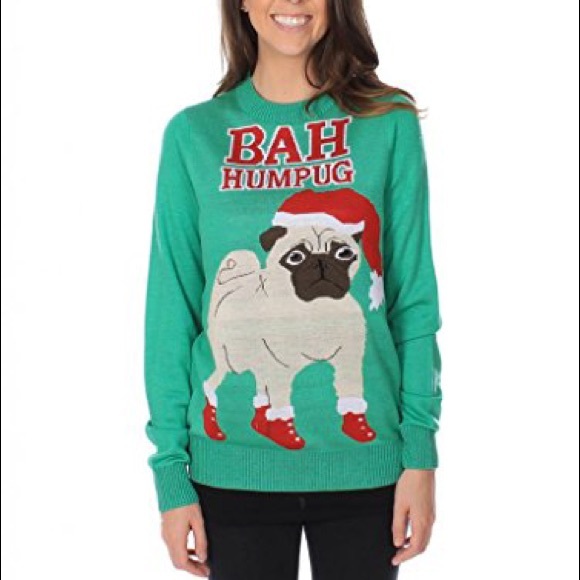 Knit Knack Bah Hum Pug Crew Neck Christmas Sweater - Picture 2 of 6